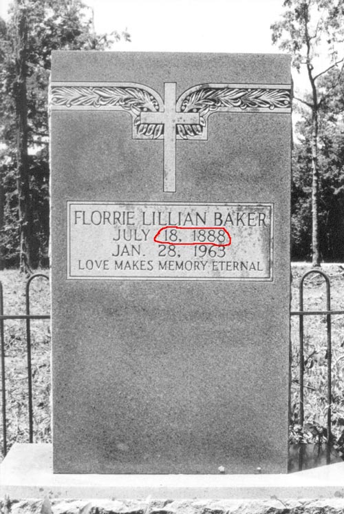 Tombstone of Florrie Lillian Baker, which says born 18 Jul 1888, died 28 Jan 1963