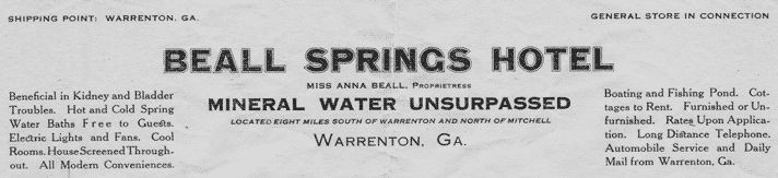 Letterhead for the "Beall Springs Hotel, Mineral Water Unsurpassed"